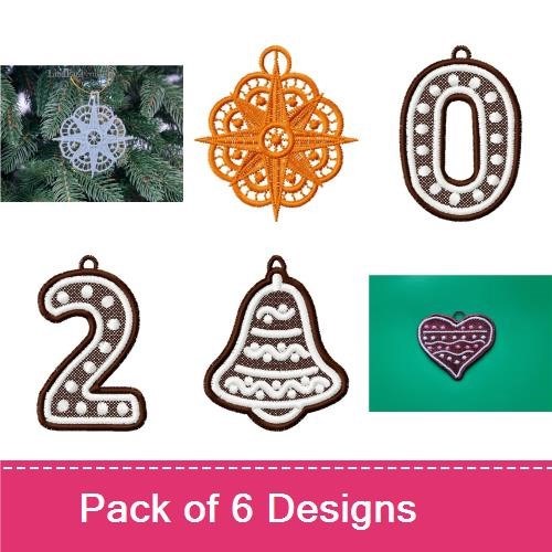 FSL Christmas Ornament Embroidery Designs Bundle – Snowflake, Lace Circle, Bell & More (6 Designs)