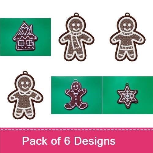 FSL Gingerbread Holiday Embroidery Designs Bundle – Gingerbread House, Man & Woman Ornament, & More (6 Designs)