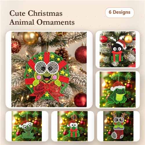 FSL Christmas Animal Ornaments Embroidery Bundle – Christmas Frog, Santa Owl, Christmas Dog & More (6 Designs)