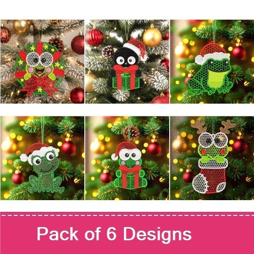 FSL Christmas Animal Ornaments Embroidery Bundle – Christmas Frog, Santa Owl, Christmas Dog & More (6 Designs)