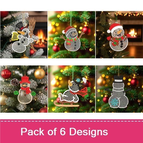 FSL Snowman Ornaments Embroidery Designs Bundle – Snowman with Black Hat, Snowman with Scarf, & More (6 Designs)
