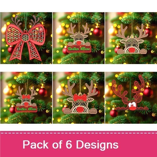 FSL Festive Reindeer Ornaments Embroidery Bundle – Reindeer Head, Reindeer Bow, Red and White Ornament & More (6 Designs)