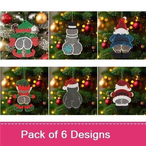 FSL Christmas Ornament Embroidery Designs Bundle – Snowman, Gnome with Red Hat, Gnome with Green Hat & More (6 Designs)