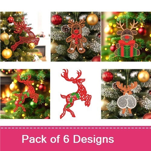 FSL Christmas Reindeer Ornament Embroidery Bundle – Reindeer with Gift, Cute Reindeer Face, Red Lace Reindeer & More (6 Designs)