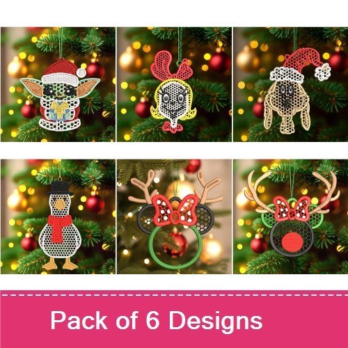 FSL Holiday Ornaments Embroidery Bundle – Dog with Santa Hat, Reindeer, Penguin & More (6 Designs)