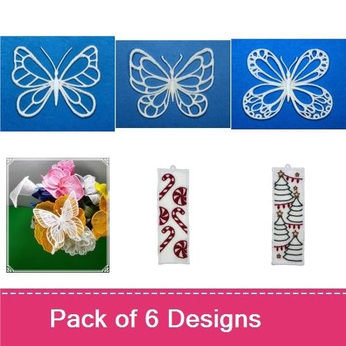 FSL Holiday Charm Embroidery Designs Bundle – Butterfly Lace Ornament, Holiday Charm with Snowman & More (6 Designs)