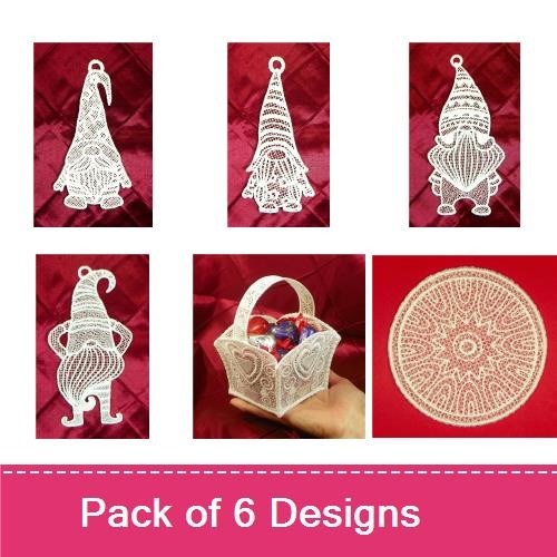 FSL Lace Gnomes & Basket Embroidery Designs Bundle – Gnome Ornament, Gnome with Bow, Basket & More (6 Designs)