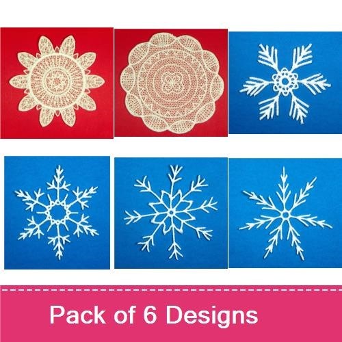 FSL Delicate Lace Snowflakes Embroidery Designs Bundle – Intricate Snowflake, Floral Snowflake & More (6 Designs)