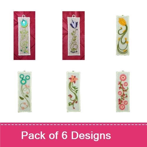FSL Floral Bookmark Embroidery Designs Bundle – Blue Flower, Green Vine, Purple Flower & More (6 Designs)