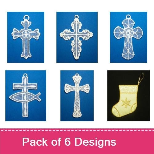FSL Lace Cross Embroidery Designs Bundle – Lace Cross with Flourishes, Lace Cross with Circular Detail & More (6 Designs)