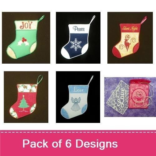 FSL Christmas Stockings Embroidery Designs Bundle – Peace, Joy, Reindeer, Santa & More (6 Designs)