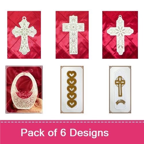 FSL Elegant Cross and Faith Embroidery Designs Bundle – Lace Cross, Lace Easter Basket, Heart Key Fob & More (6 Designs)