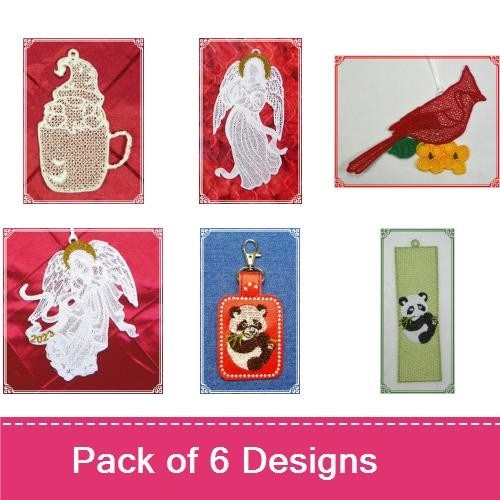 FSL Angels and Wildlife Embroidery Designs Bundle – Angel Ornament, Cardinal Ornament, Panda Ornament & More (6 Designs)