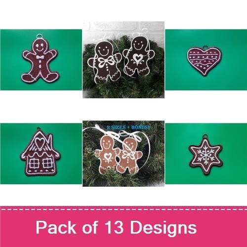 FSL Gingerbread Holiday Ornaments Embroidery Designs Bundle – Gingerbread House, Man, Star Ornament & More (13 Designs)