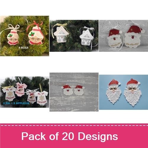 FSL Christmas Ornament Embroidery Designs Bundle – Star, Bell, Santa Face & More (20 Designs)