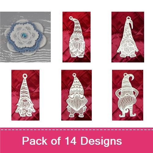 FSL Floral & Gnome Embroidery Designs Bundle – Delicate Lace Flower, Lace Gnome Ornament, Flower Ornament & More (14 Designs)