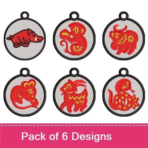 FSL Chinese Zodiac Animals Embroidery Bundle – Monkey, Ox, Tiger, Rabbit, Dragon & More (6 Designs)