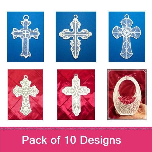 FSL Lace Cross Embroidery Designs Bundle – Elegant Lace Cross with Flower, Circle, Fish & More (10 Designs)