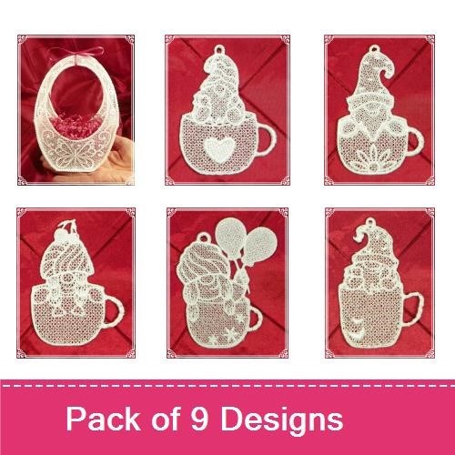 FSL Lace Cup Charms Embroidery Designs Bundle – Butterfly, Santa, Heart & More (9 Designs)