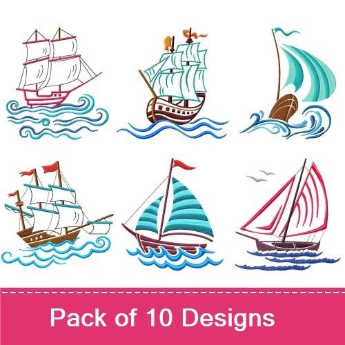 Ships Embroidery Bundle – Sailboat with Waves, Classic Ship, Modern Sailboat & More (10 Designs)