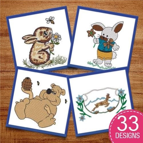 Bunny & Critters Embroidery Bundle – Cute Bunny with Flower, Bear with Acorns, Kangaroo with Flowers & More (15 Designs)