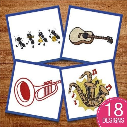 Musical Ants Embroidery Designs Bundle – Ant with Guitar, Ant with Drum, Saxophone & More (17 Designs)