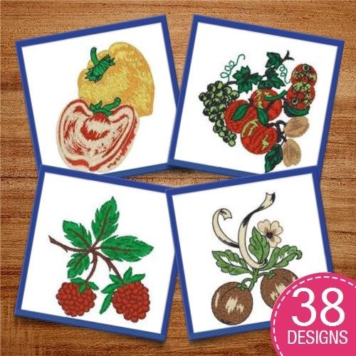 Vintage Fruit Embroidery Designs Bundle – Raspberry Branch, Peach Slice, Banana Bunch & More (30 Designs)
