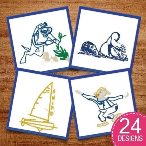 Vintage Sports & Leisure Embroidery Bundle – Swimmer, Diver, Golfer, Snowman & More (22 Designs)