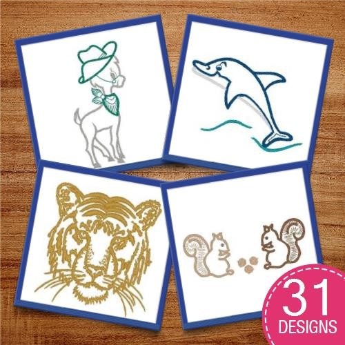 Whimsical Animal Embroidery Designs Bundle – Sleeping Raccoon, Deer with Hat, Lion & More (29 Designs)