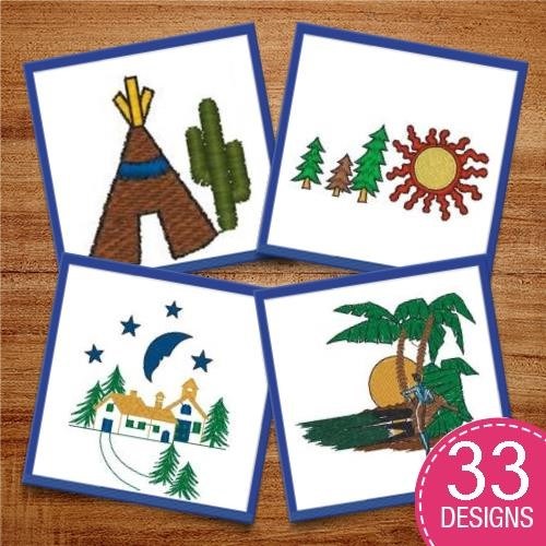 Nature & Cabin Embroidery Designs Bundle – Palm Trees, Church, Cabin & More (31 Designs)