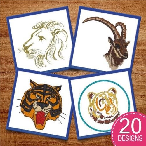 Wild Cats and Bears Embroidery Designs Bundle – Tiger Face, Polar Bear, Lion Face & More (15 Designs)