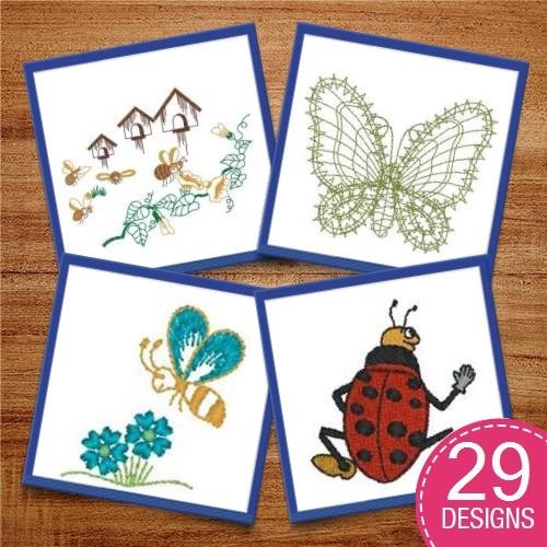 Butterflies & Bees Embroidery Designs Bundle – Butterfly with Sunflower, Lace Butterfly, Bee on Flower & More (27 Designs)