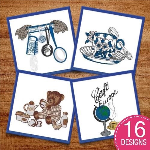 Vintage Tea & Coffee Embroidery Designs Bundle – Teapot, Tea Cup, Coffee Mug, Sugar Bowl & More (14 Designs)