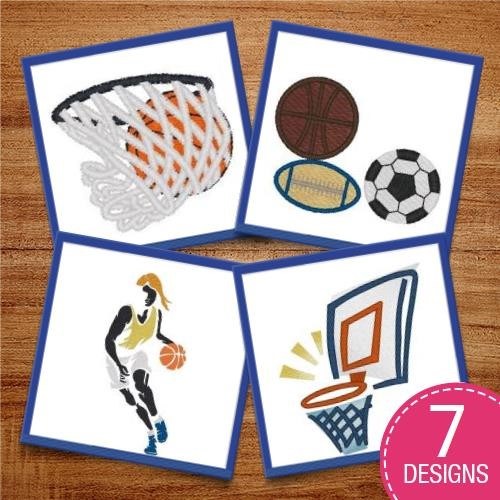 Basketball Sports Embroidery Designs Bundle – Basketball Hoop, Basketball, Player Dribbling & More (7 Designs)