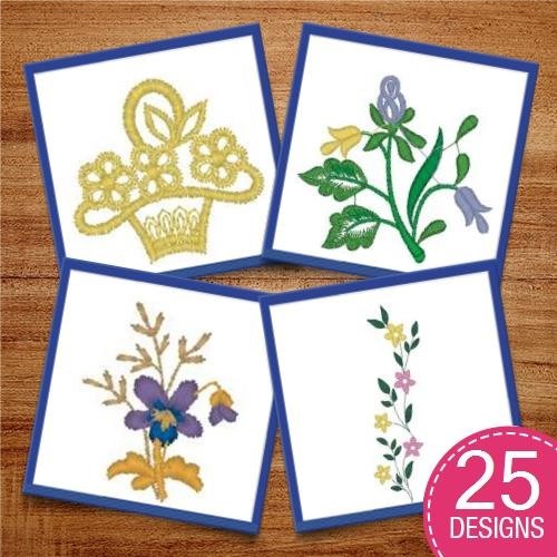 Floral Embroidery Designs Bundle – Purple Floral Bouquet, Green Leaf Border, Lace Floral Border & More (25 Designs)