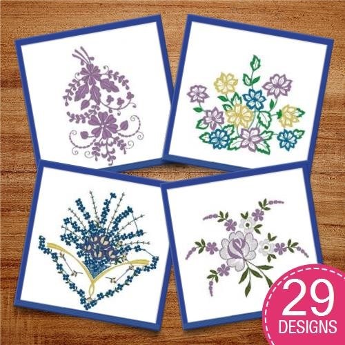 Elegant Floral Embroidery Designs Bundle – Yellow Daisy Bouquet, Blue Floral Arrangement, Red Rose Bouquet & More (29 Designs)