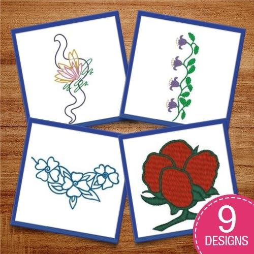 Floral Embroidery Designs Bundle – Rose Bouquet, Ivy Vine, Violet Flower & More (9 Designs)