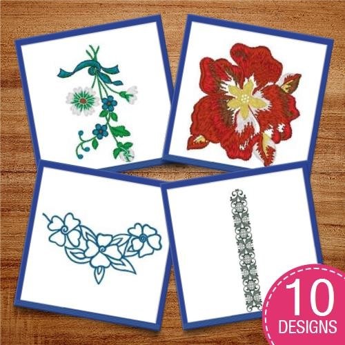 Floral Embroidery Designs Bundle – Lavender Roses, Red Flower, Daisy Flower & More (9 Designs)