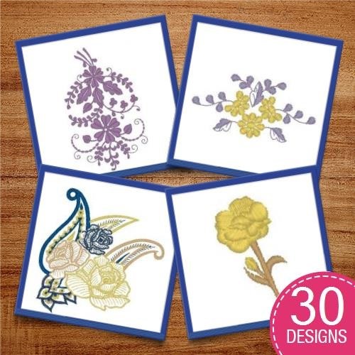 Elegant Floral Embroidery Designs Bundle – Lavender Rose, Yellow Flower, White Flower & More (28 Designs)