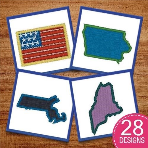 USA State Shapes Embroidery Designs Bundle – Iowa, Idaho, Indiana, Kentucky, Louisiana & More (28 Designs)