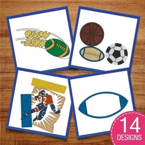 Football Themed Embroidery Designs Bundle – Football Helmet, Quarterback Throwing, Running Player & More (12 Designs)