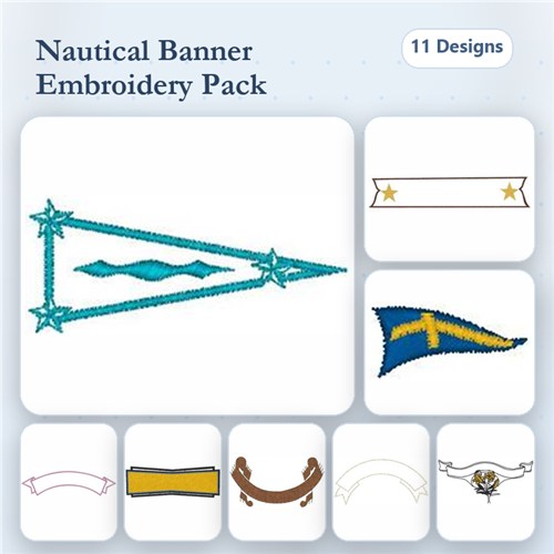 Nautical Banners Embroidery Designs Bundle – Nautical Pennant with Stars, Swallowtail Nautical Flag, Pirate Banner with Skull & More (11 Designs)