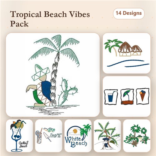 Tropical Beach Embroidery Designs Bundle – Palm Tree, Beach Hut, Tropical Cocktail & More (14 Designs)