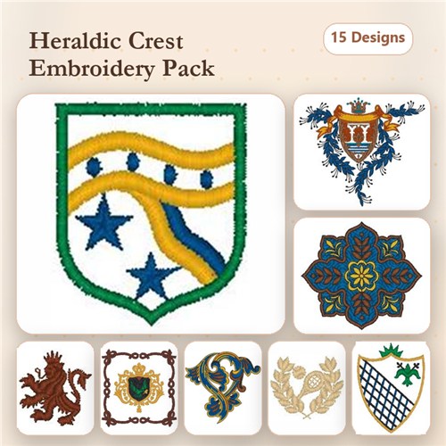 Heraldic Crests Embroidery Designs Bundle – Crest with Lion, Crest with Stars, Crest with Shield & More (15 Designs)