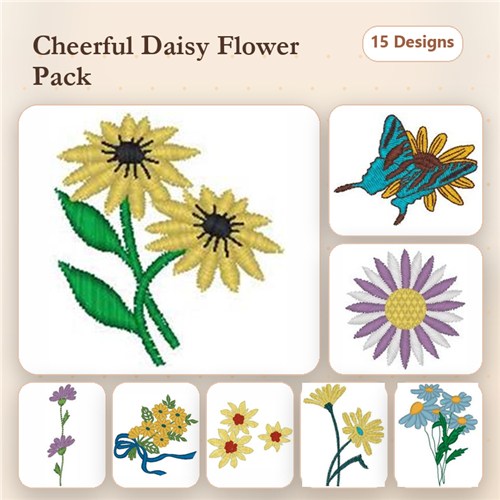Floral Embroidery Designs Bundle – Yellow Daisy with Leaves, Blue Butterfly, Sunflower & More (15 Designs)