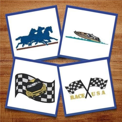 Racing and Equestrian Sports Embroidery Designs Bundle – Race Car, Checkered Flag, Horse and Jockey & More (14 Designs)