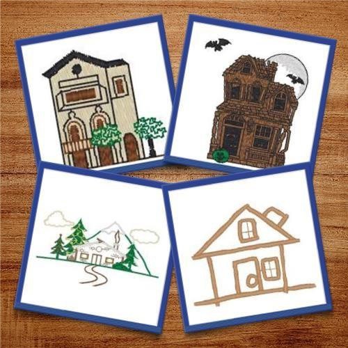 Cottage & House Embroidery Designs Bundle – Charming Cottage, Colorful Cottage, Tree with Leaves & More (15 Designs)