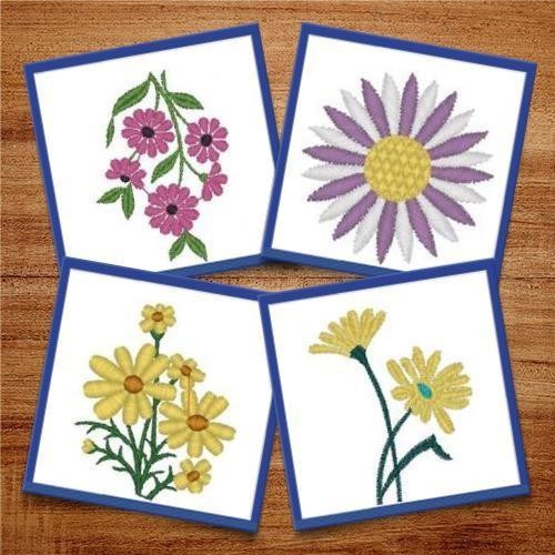 Floral Embroidery Designs Bundle – Yellow Daisy with Leaves, Blue Butterfly, Sunflower & More (15 Designs)