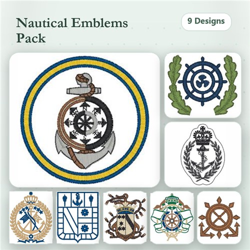 Nautical Emblems Embroidery Designs Bundle – Anchor Emblem, Ship Wheel Emblem, Lighthouse Emblem & More (9 Designs)