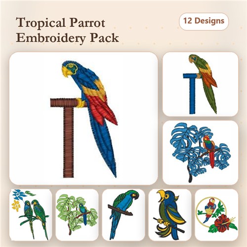 Tropical Parrots Embroidery Bundle – Macaw Parrot, Blue Parrot, Green Parrot & More (12 Designs)